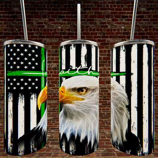 American Flag with Thin Green Line and Eagle