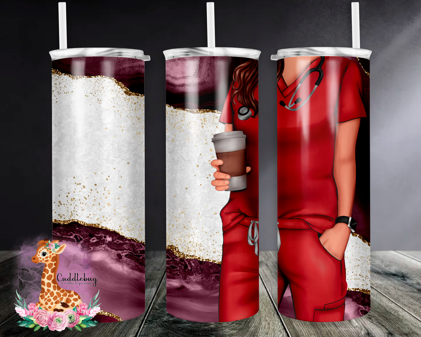 Agate Background with Female in Scrubs and Coffee