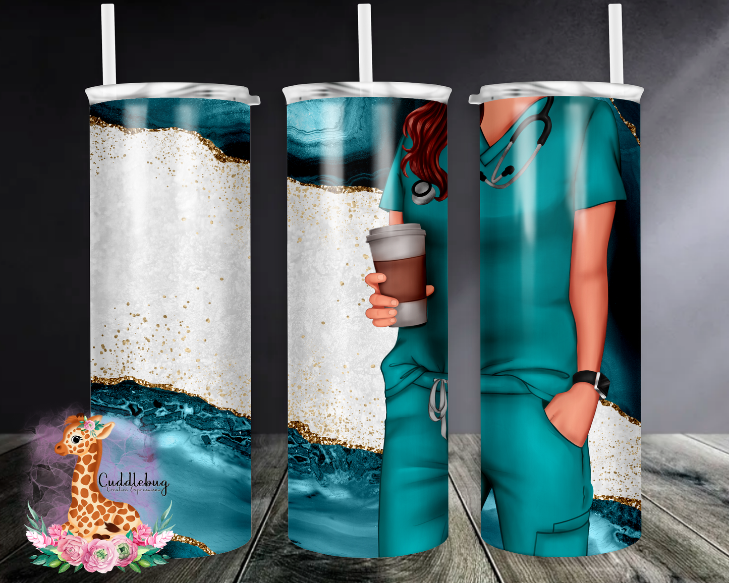 Agate Background with Female in Scrubs and Coffee