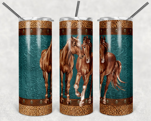 2 Horses on Tooled Leather Background