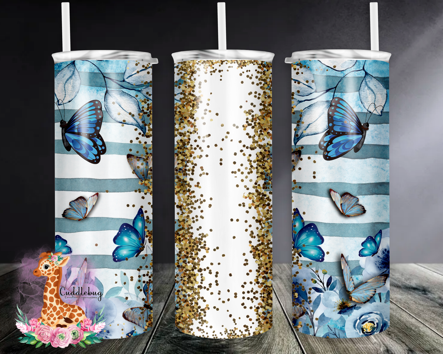Butterflies with Blue Stripe Background and Gold Glitter