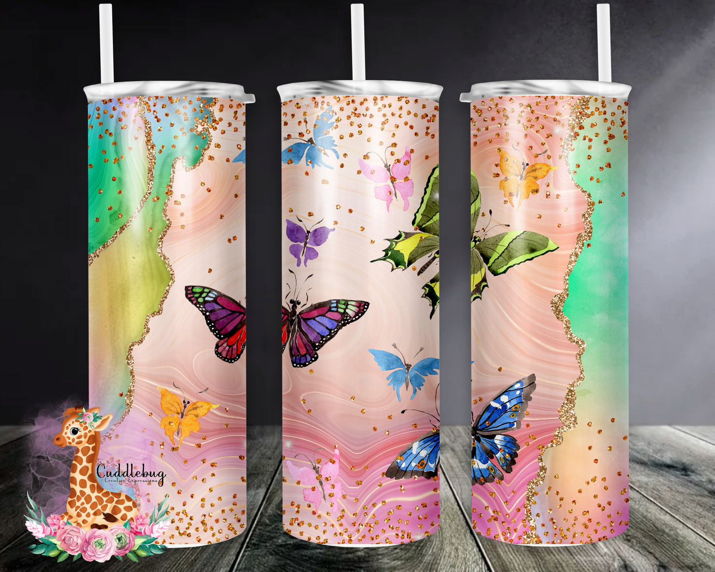 Butterflies on Rainbow Agate Background