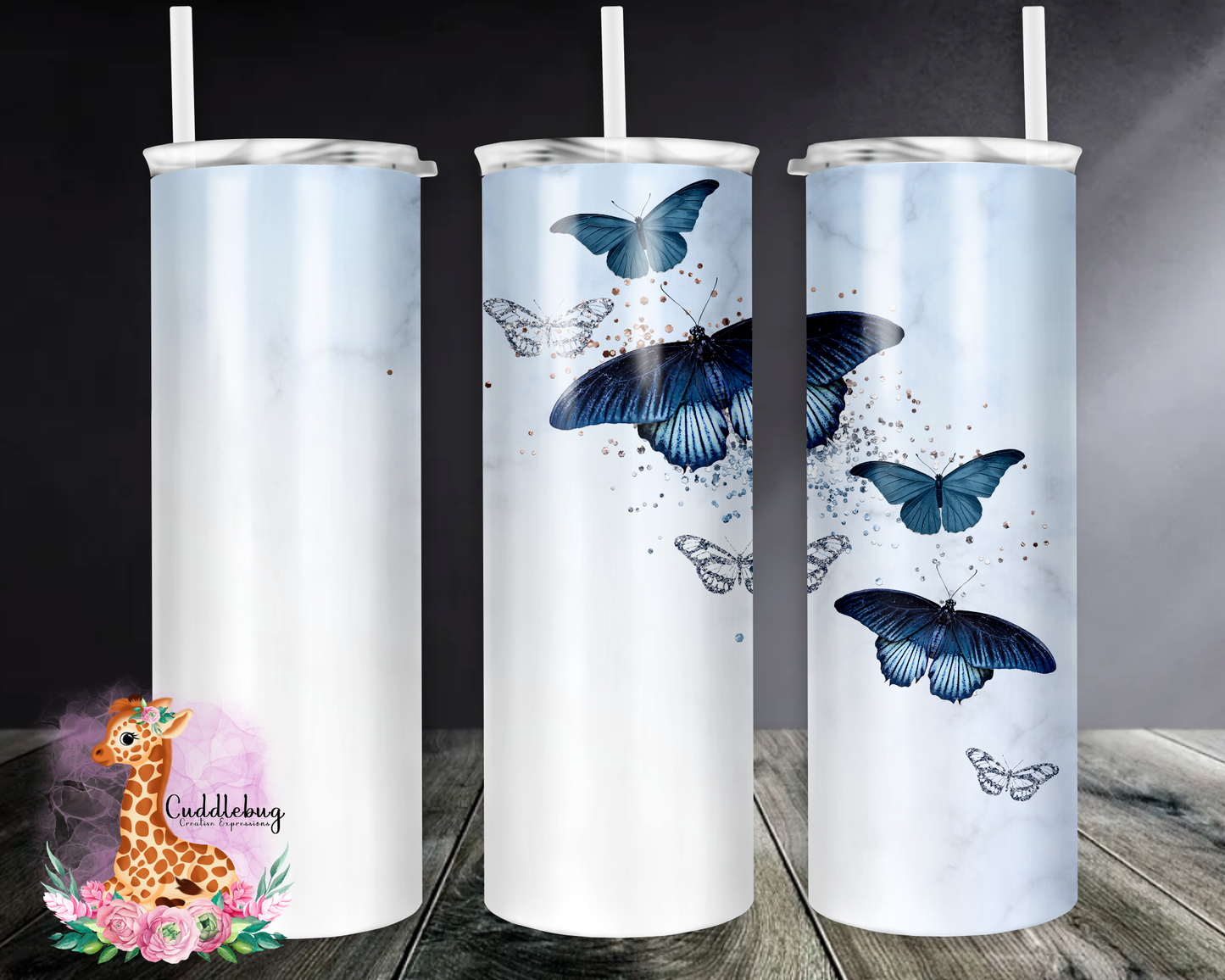 Blue Butterflies with Marble Background
