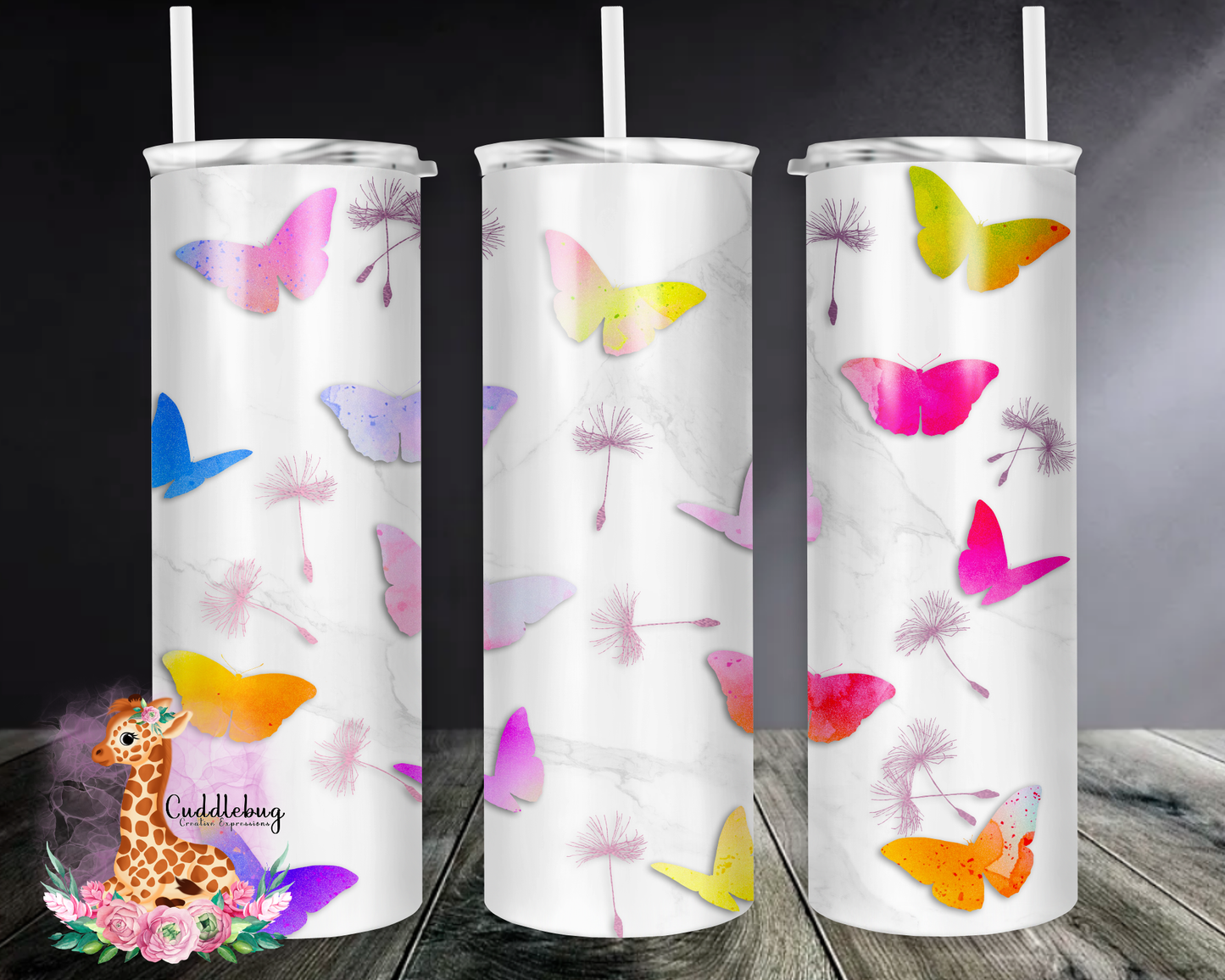 Colorful Butterflies and Dandelions with Marble Background