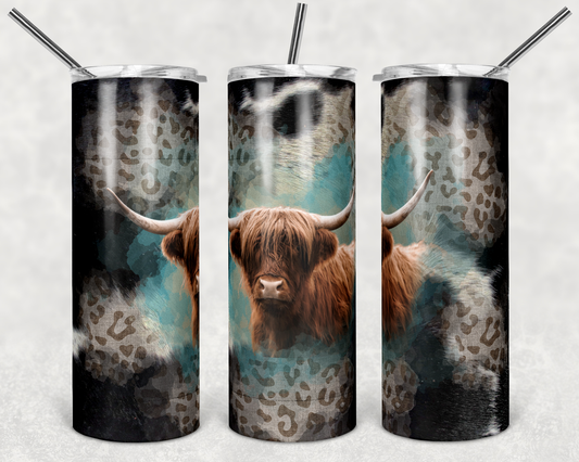 Highland Cow with Cowhide Teal and Leopard Background