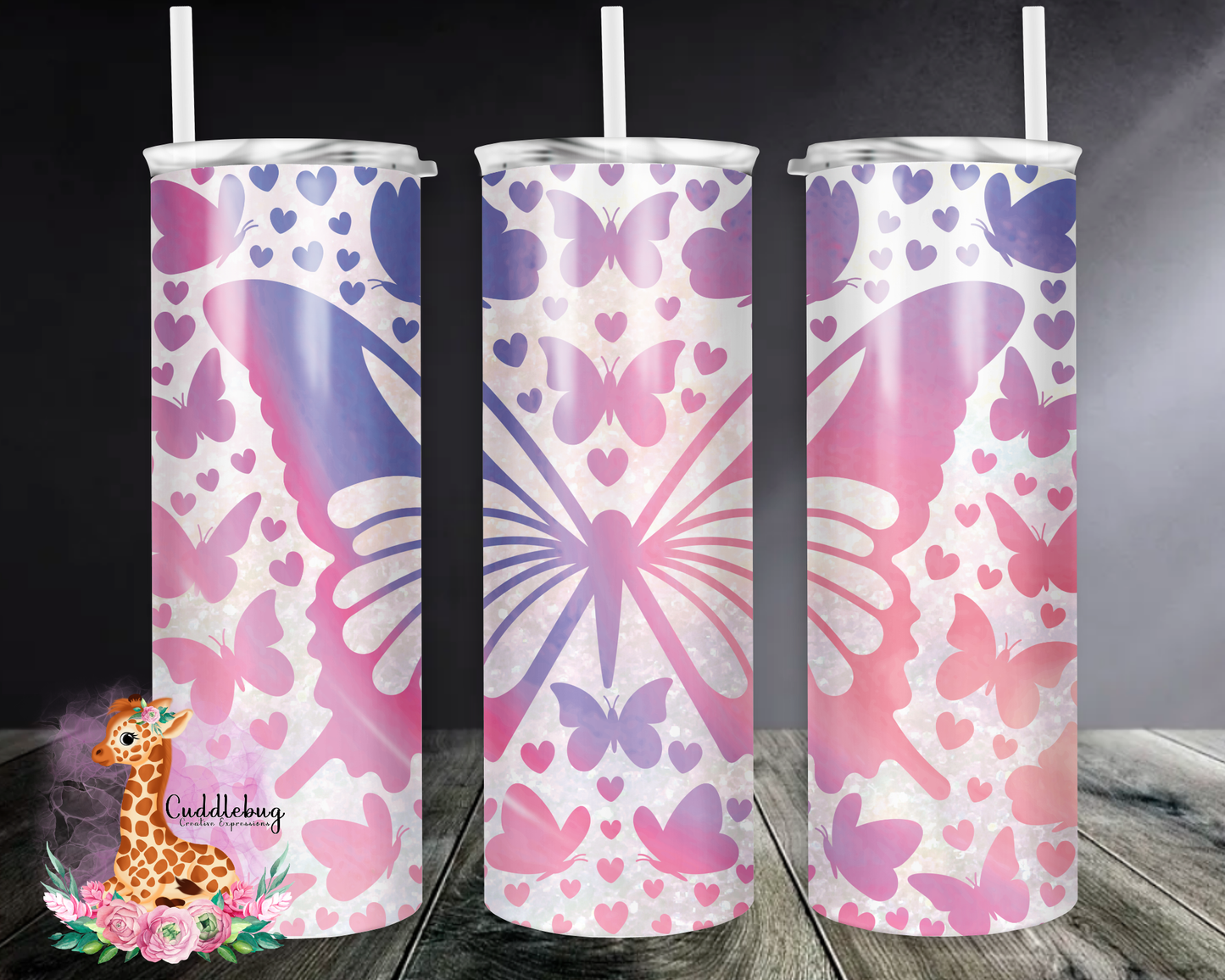 Purple and Pink Butterflies with Hearts