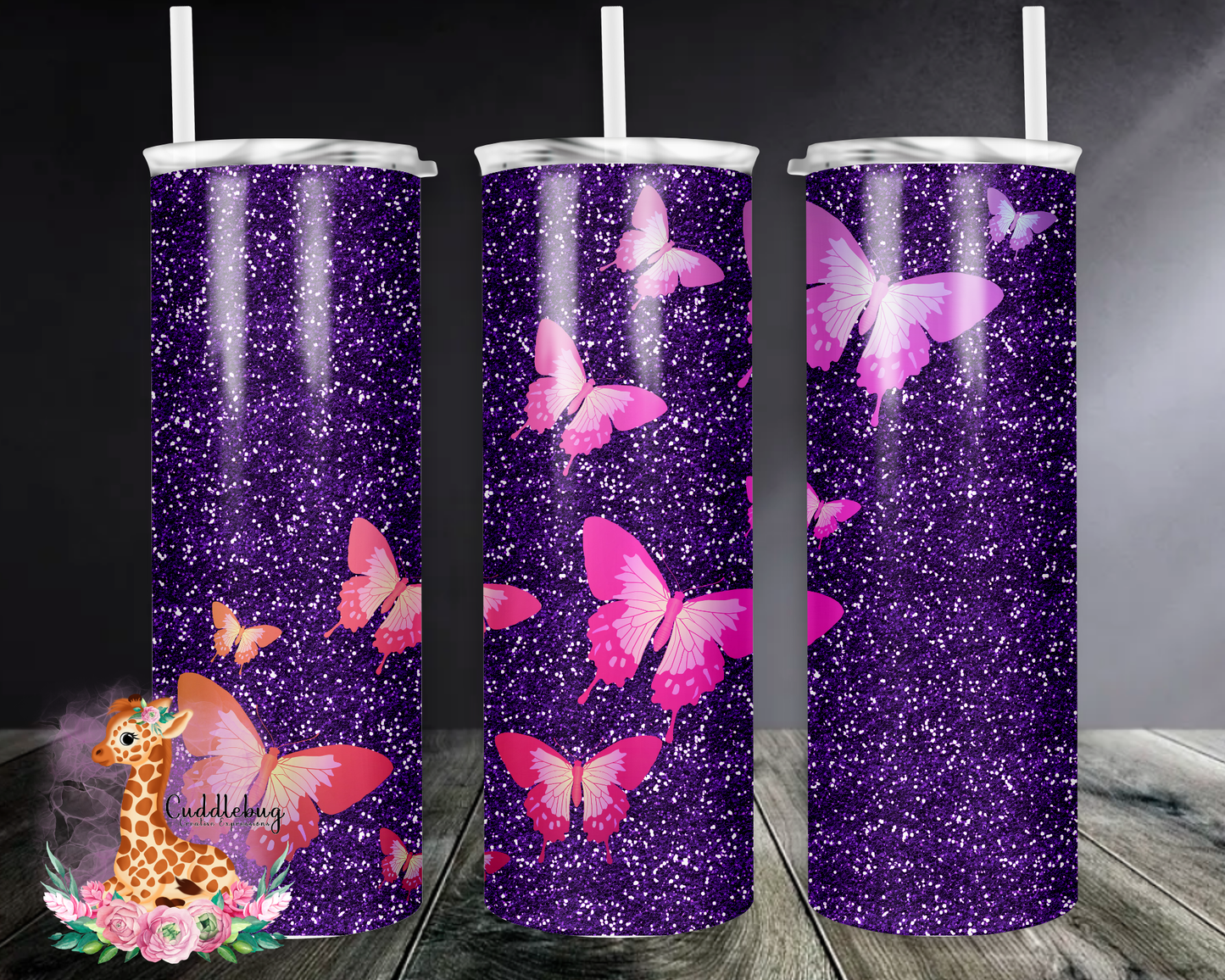 Butterflies with Purple Glitter Background